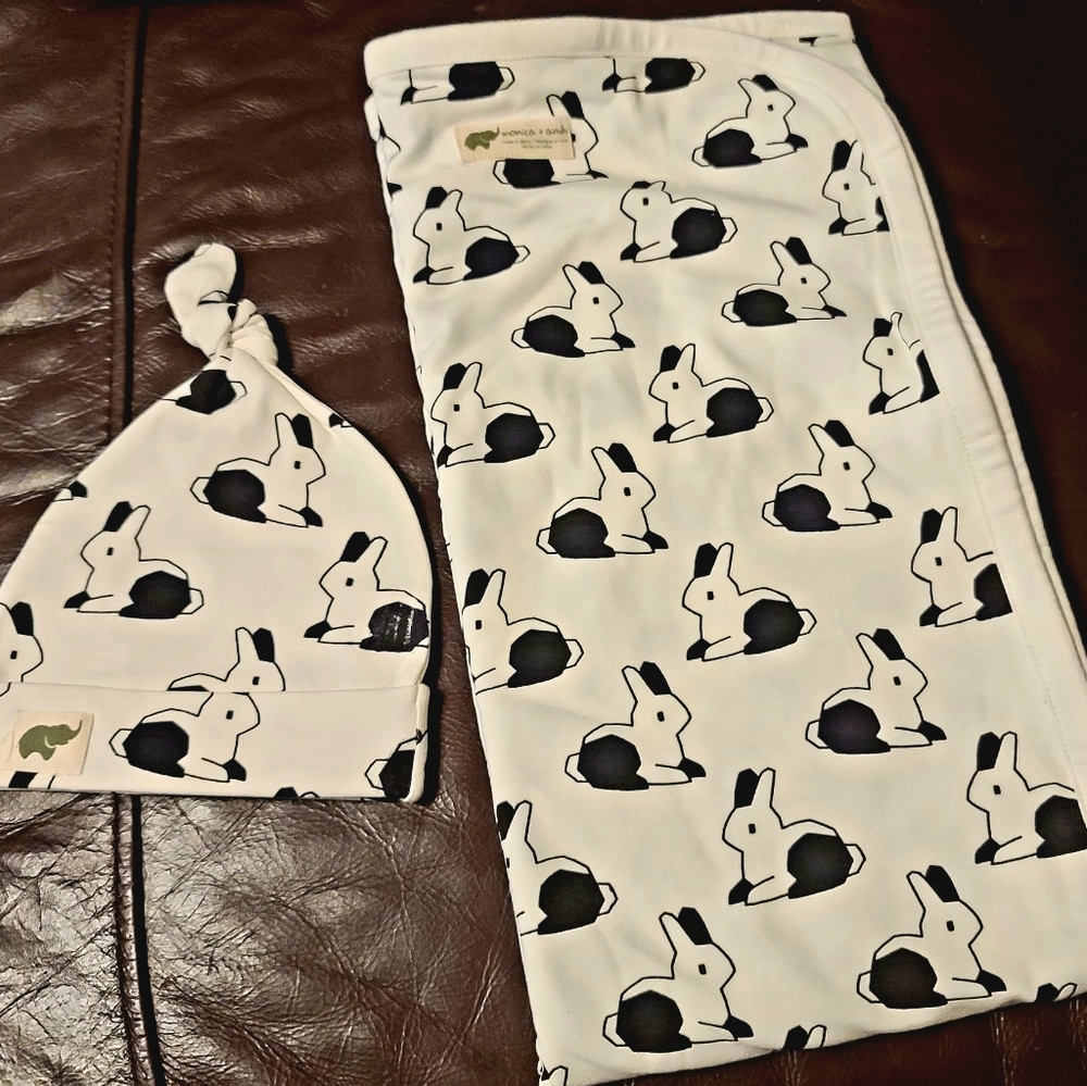 Monica+Andy Black/White Bunnies Newbirn Blanket & Matching Hat. Baby Shower Gift